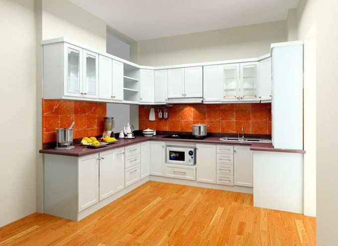 alt text: Tủ bếp gỗ công nghiệp hiện đại, màu sắc tươi sáng, phù hợp với không gian bếp nhỏ