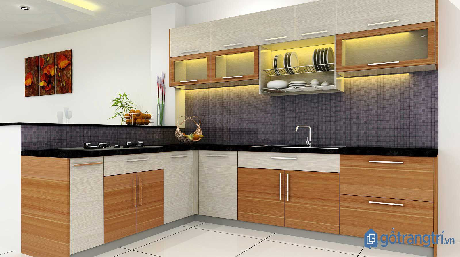 alt text: Tủ bếp gỗ công nghiệp MDF hiện đại, thiết kế tối giản, phù hợp với không gian nhỏ