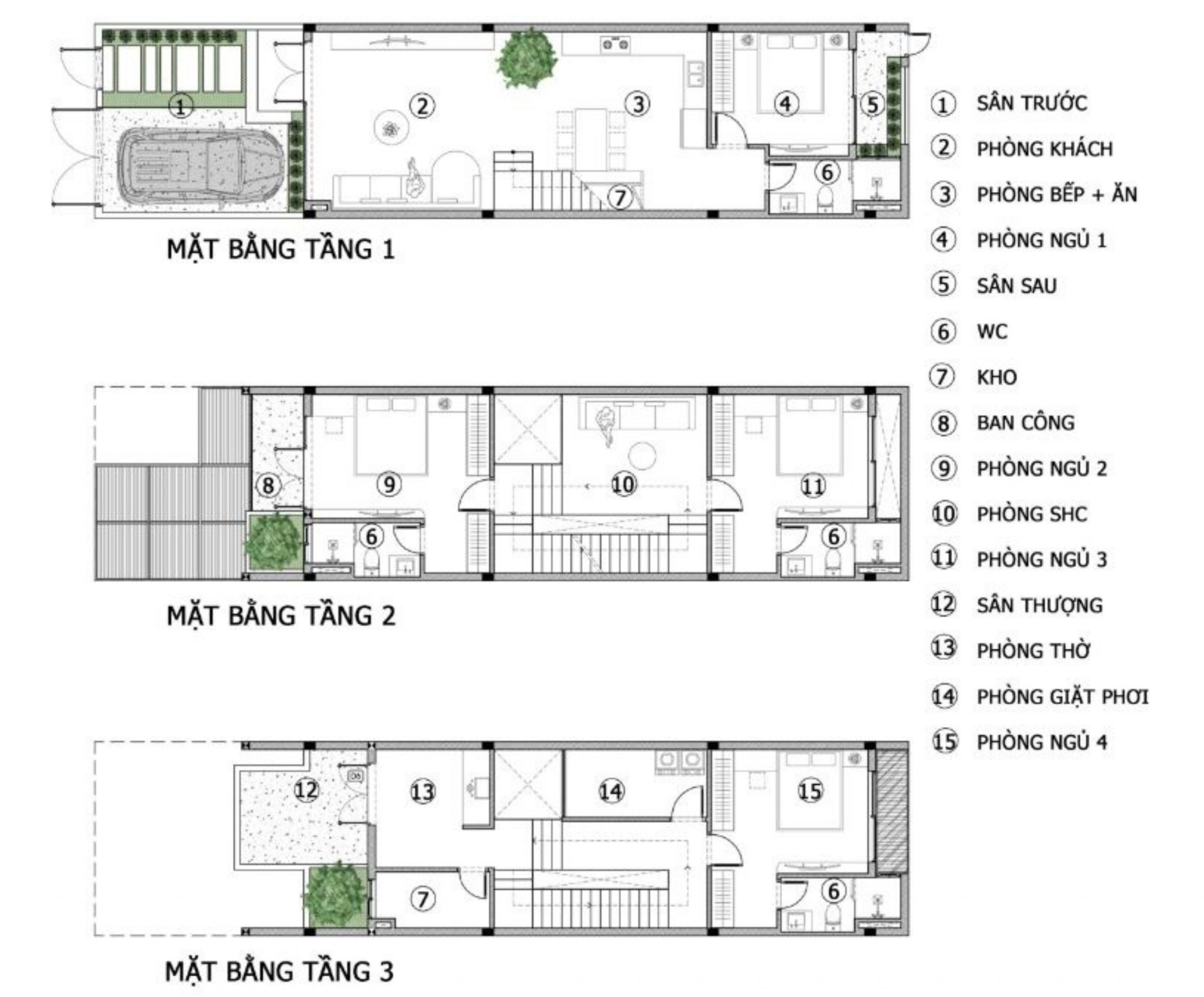 Bản vẽ công năng mẫu nhà ống đẹp 3 tầng 5m H’s House