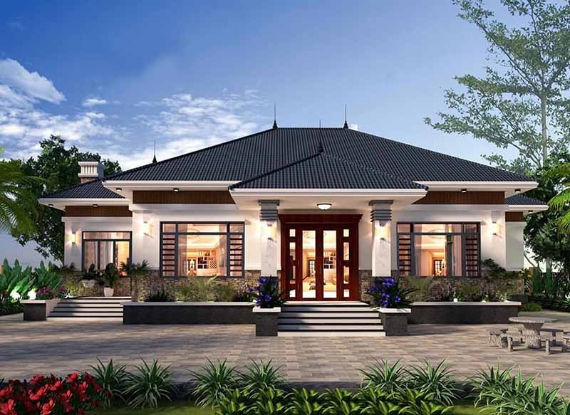 Mặt bằng mẫu nhà 1 tầng 3 phòng ngủ chữ U