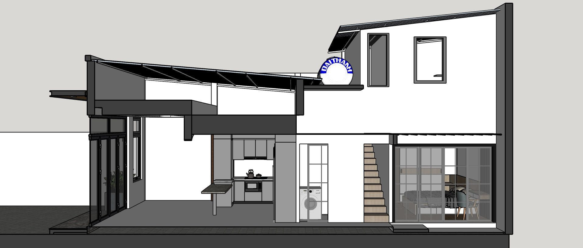 Mặt cắt nhà ống gác lửng 2 phòng ngủ