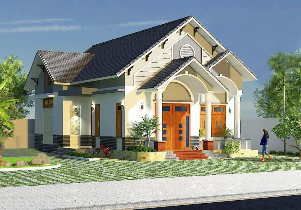 Mẫu nhà 1 tầng 3 phòng ngủ 100m2 bố cục hai mái