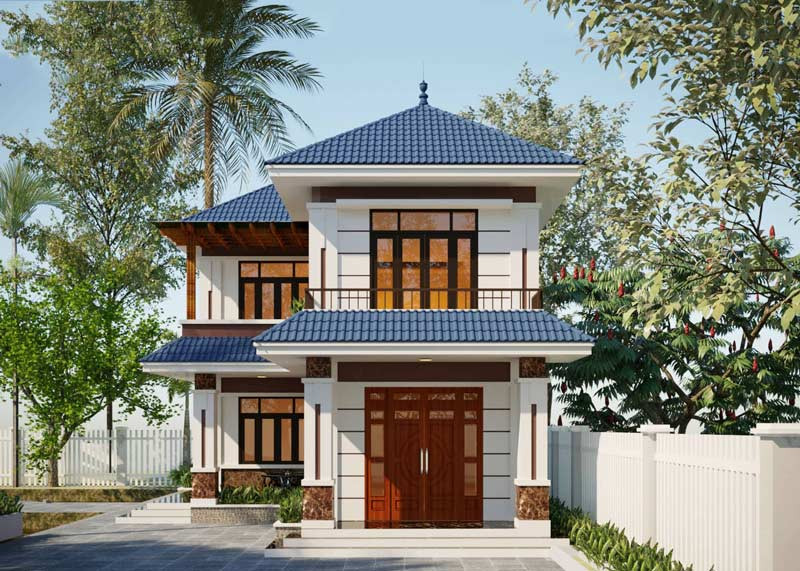 Mẫu nhà chữ L 2 tầng mái Thái phong cách cổ điển