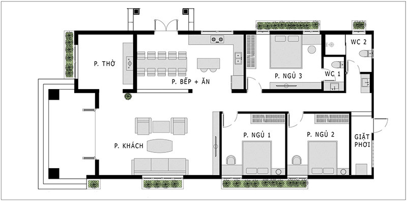 Phối cảnh mẫu nhà 1 tầng 3 phòng ngủ 1 phòng thờ