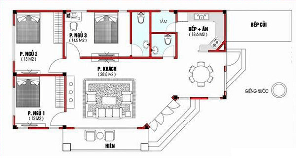 Phối cảnh mẫu nhà 1 tầng 3 phòng ngủ chữ L