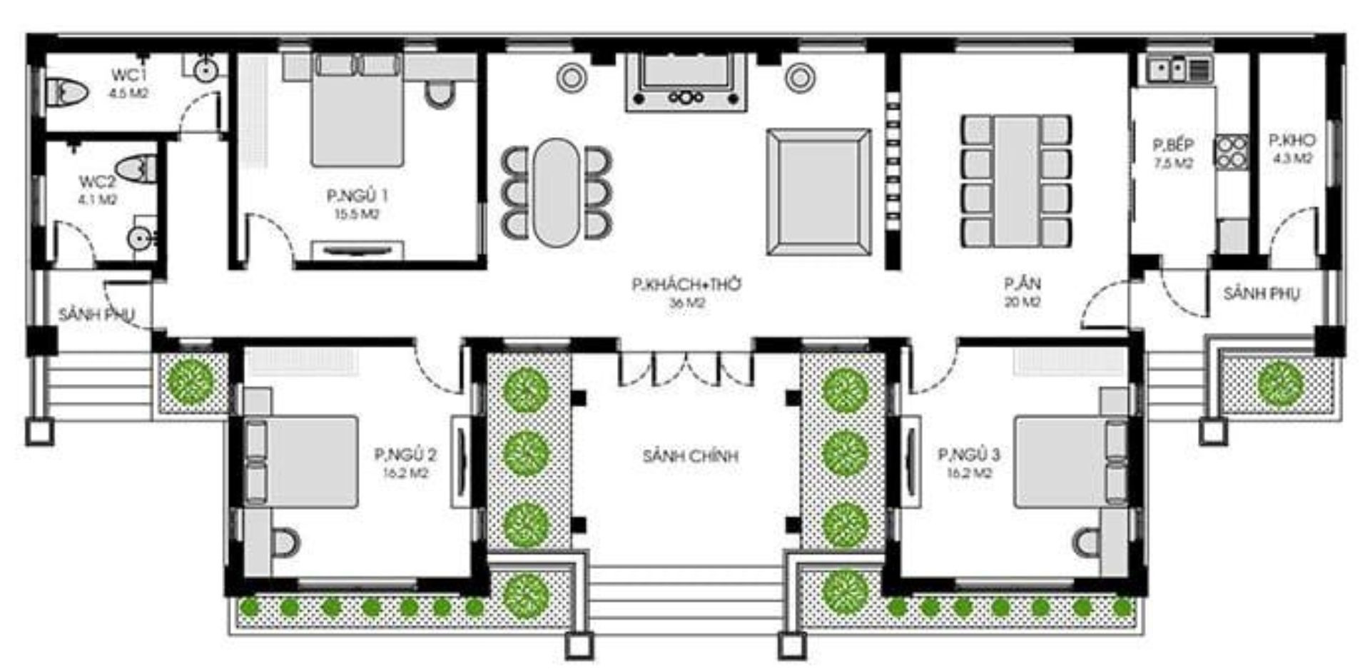 Phối cảnh mẫu nhà 1 tầng 3 phòng ngủ chữ U