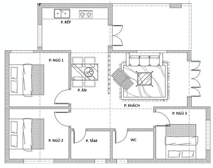 Phối cảnh mẫu nhà 1 tầng 3 phòng ngủ mái bằng