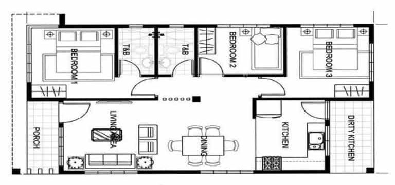 Phối cảnh mẫu nhà 1 tầng 3 phòng ngủ mái chữ A