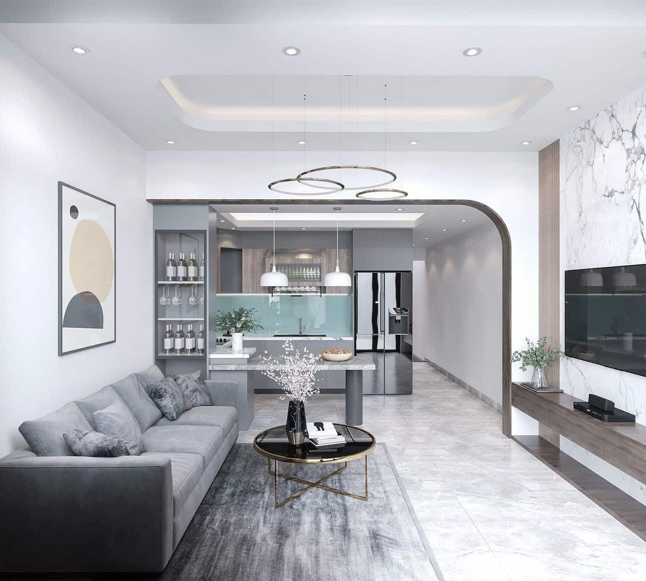 Phòng khách nhà ống gác lửng 2 phòng ngủ