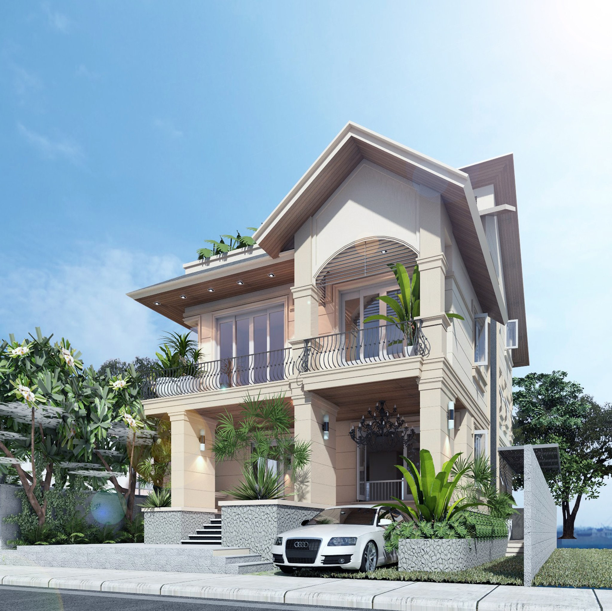 Thiết kế nhà chữ L 2 tầng hiện đại