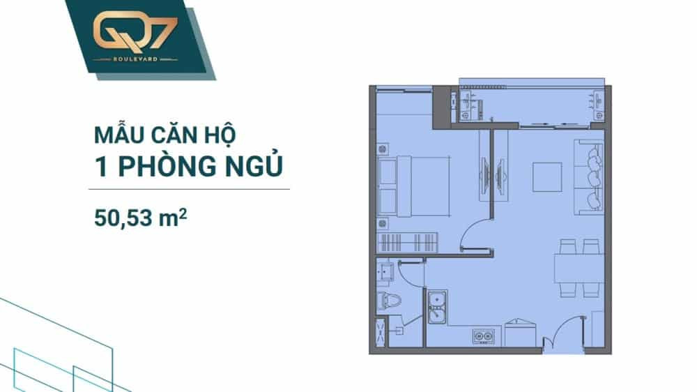 Layout căn hộ 1 phòng ngủ diện tích 50.53m2 của chung cư Boulevard Quận 7
