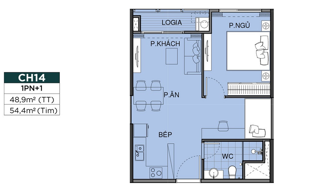 Layout căn hộ 1 phòng ngủ tại dự án The Opus One