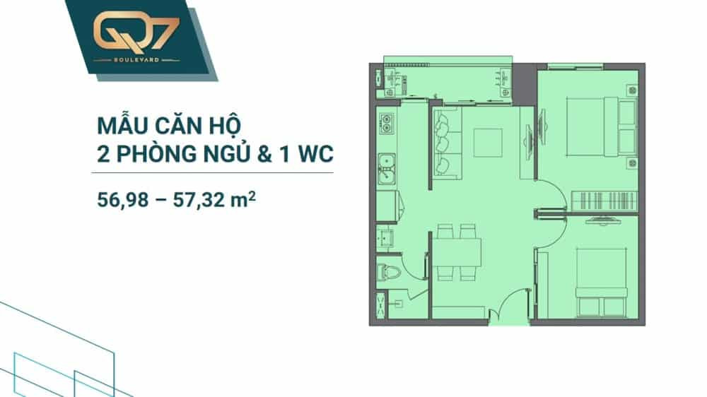 Layout căn hộ 2 phòng ngủ + 1WC diện tích 56.98 – 57.32m2 của chung cư Boulevard Quận 7