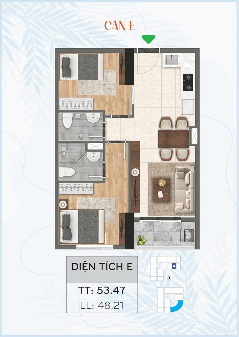 Layout căn hộ 2 phòng ngủ – Loại E