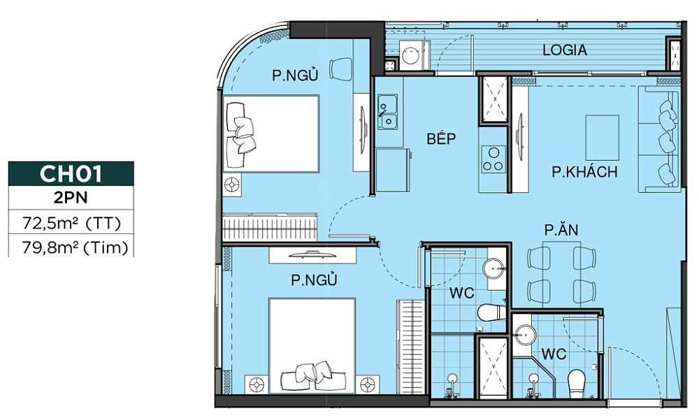 Layout căn hộ 2 phòng ngủ tại dự án The Opus One