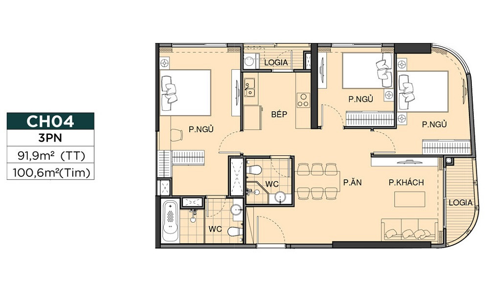 Layout căn hộ 3 phòng ngủ tại dự án The Opus One