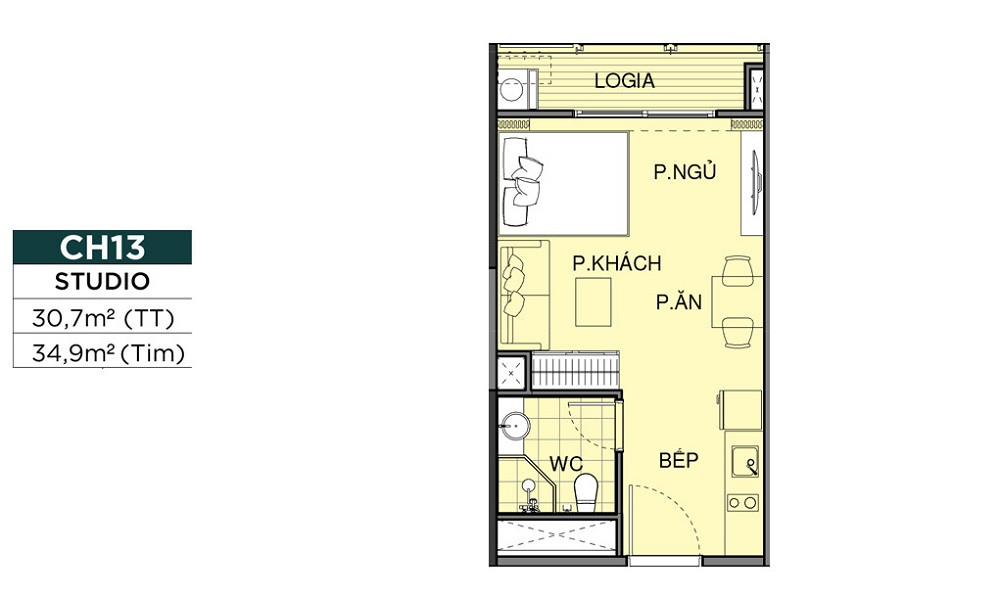 Layout căn studio tại dự án The Opus One