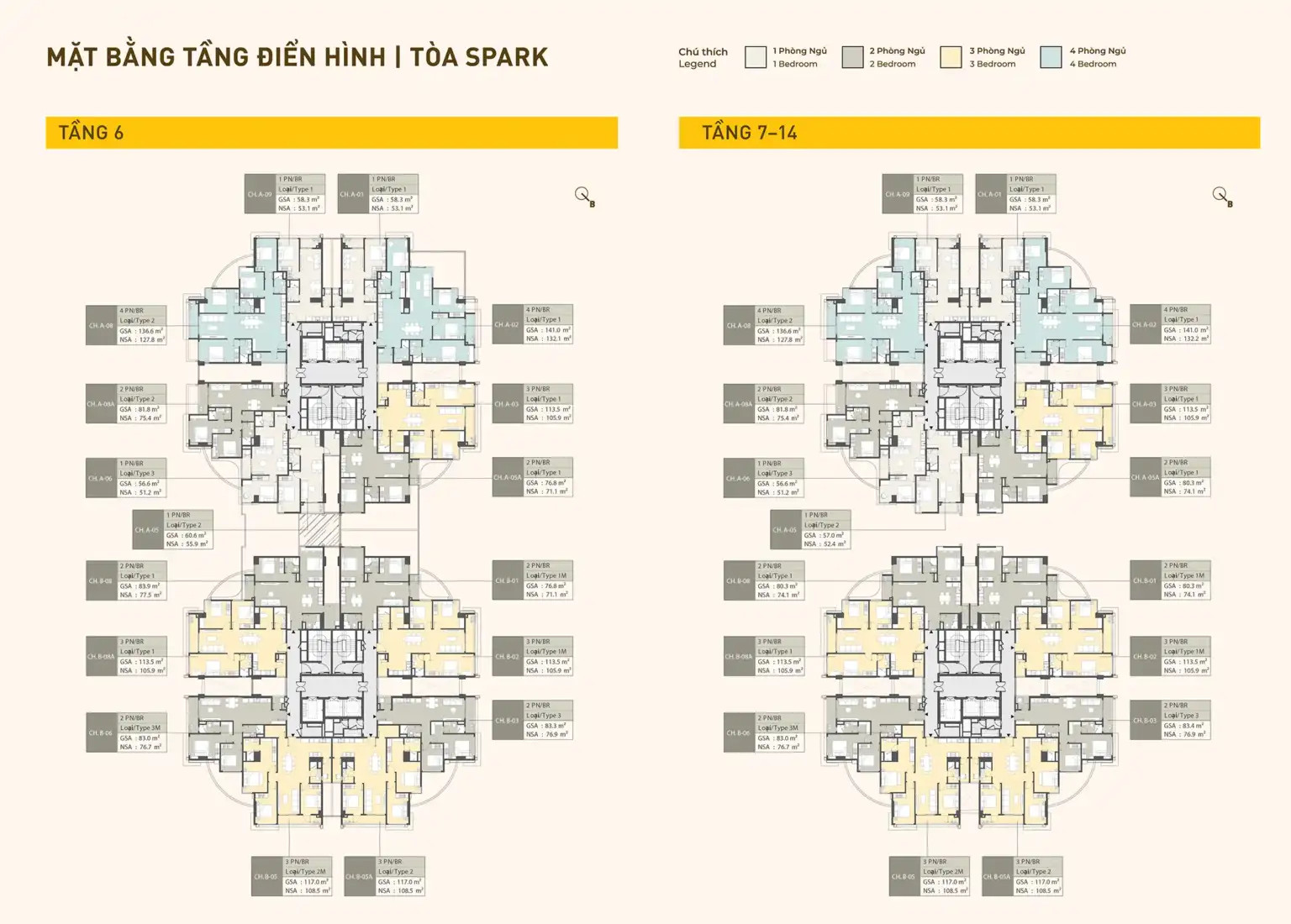 Mặt bằng tầng điện hình Tầng 6 và Tầng 7 đến Tầng 14 tòa SPARK
