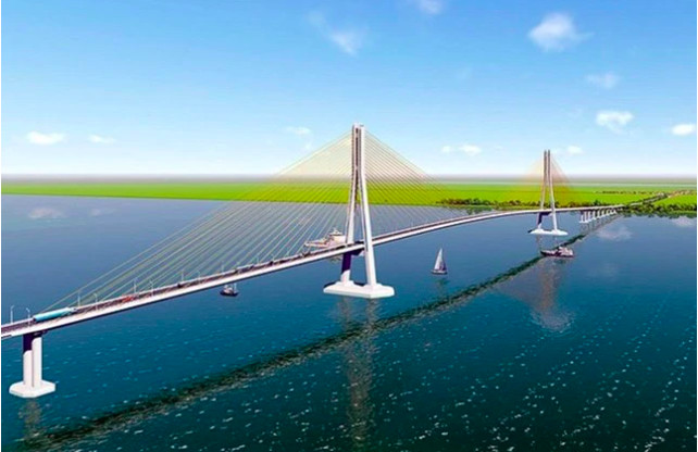 Cầu Đại Ngãi qua sông Hậu nối hai tỉnh Sóc Trăng với Trà Vinh